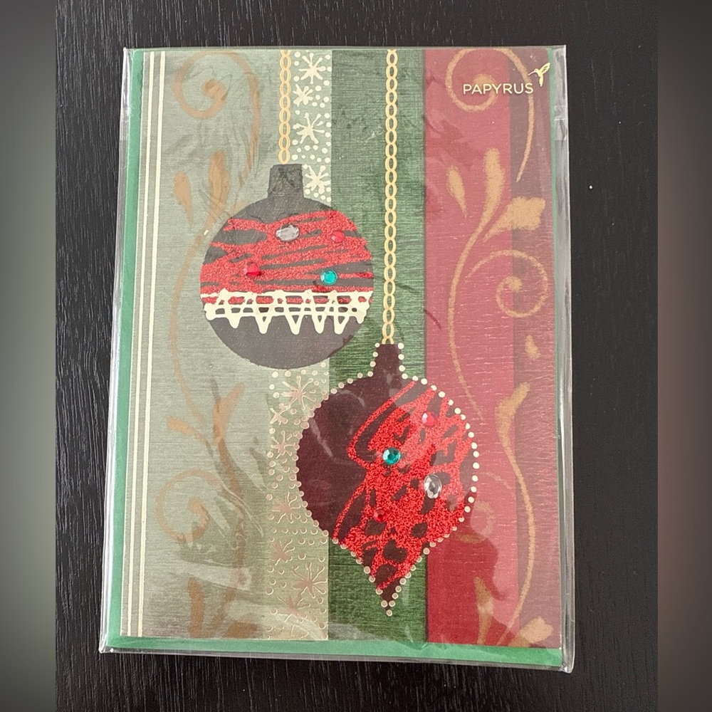 4pc set Papyrus Holiday Card with Red and Green Ornaments